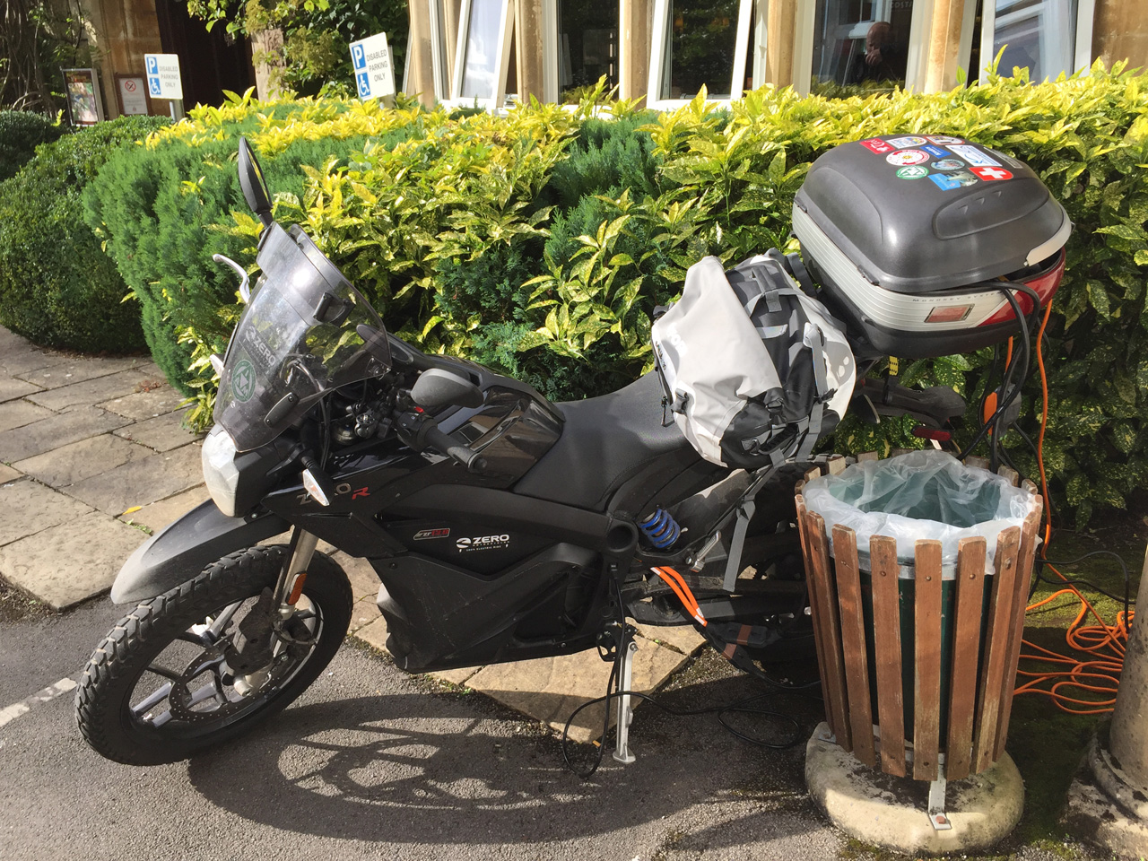 John Chivers' Zero DSR electric motorcycle charging at Sidcot Arms, Winscombe.