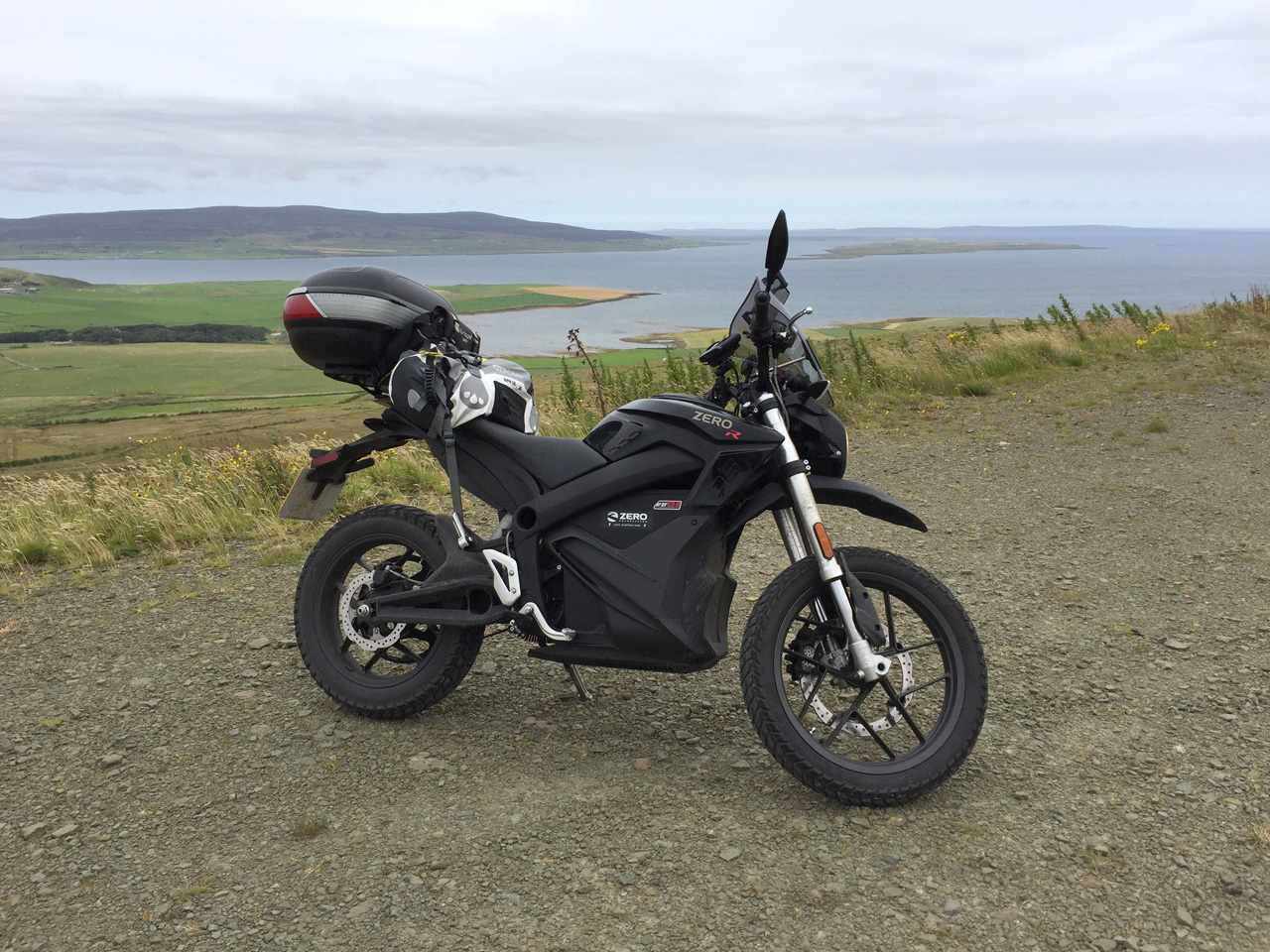 John Chivers' Zero DSR electric motorcycle at Hammars Hill wind farm, Orkney.