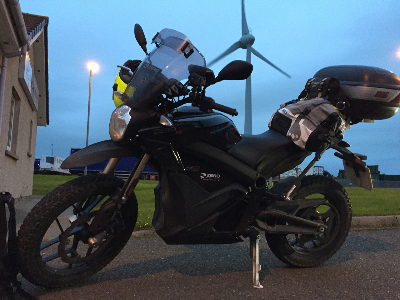 John Chivers' Zero DSR electric motorcycle at Hatston ferry terminal, Kirkwall, Orkney.
