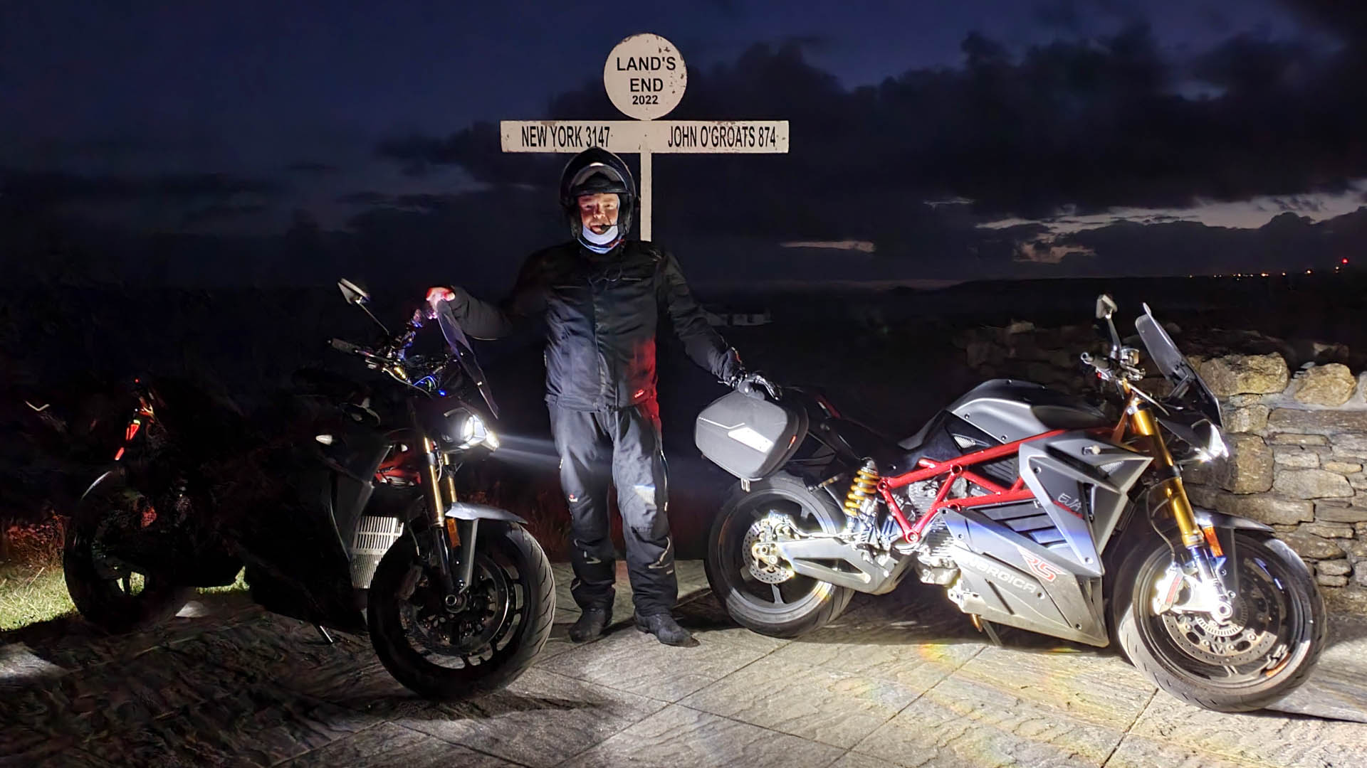 John with his Energica EVA Ribelle and the Energica EVA Ribelle RS edition James rode. At Land's End, approximately 03:30 on Monday 13th June, 2022.