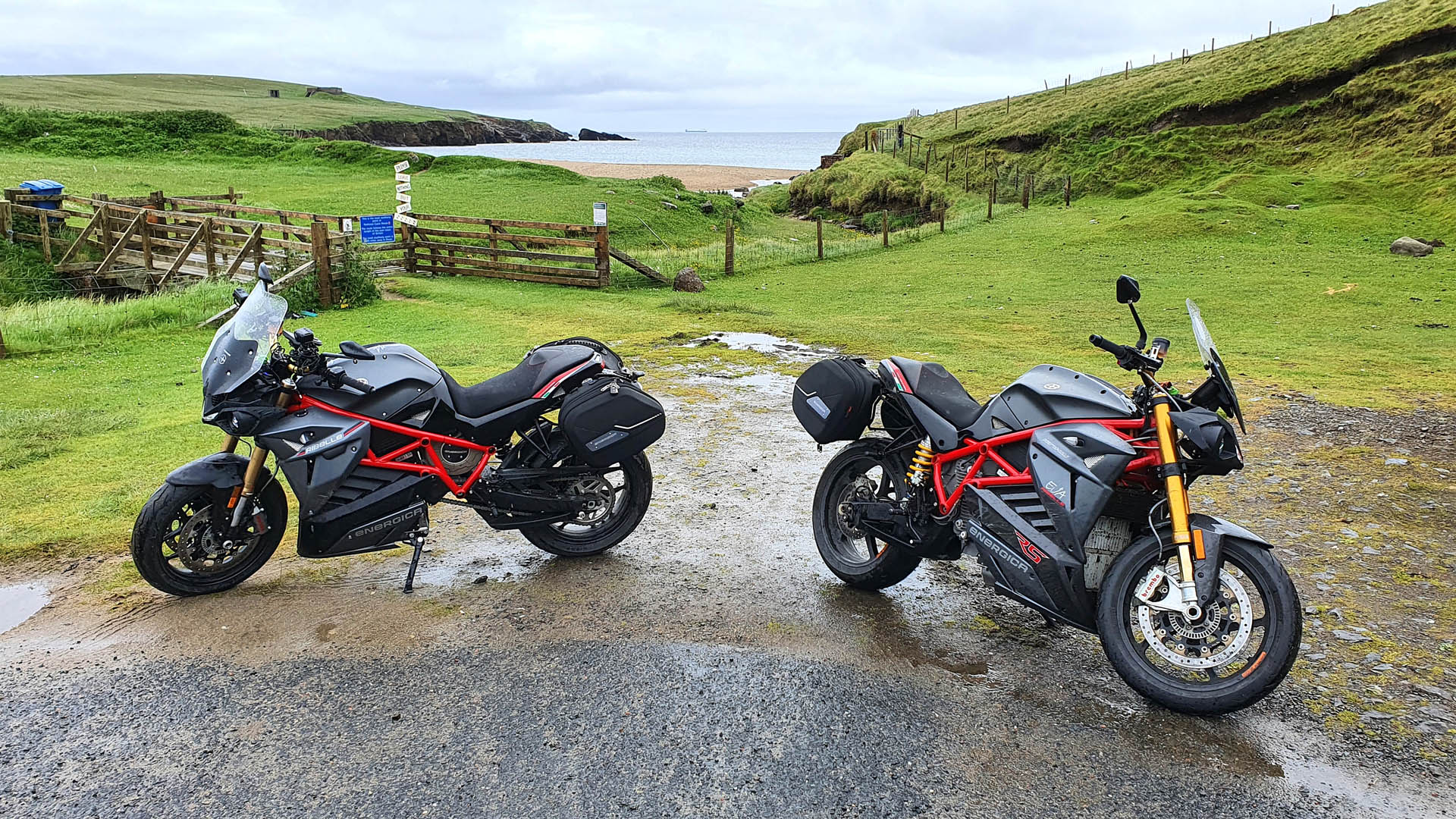 The bikes at Skaw Beach, Unst, Shetland — the most northerly point in the UK accessible by public road, at around 10:20 on Wednesday 15th June, 2022.